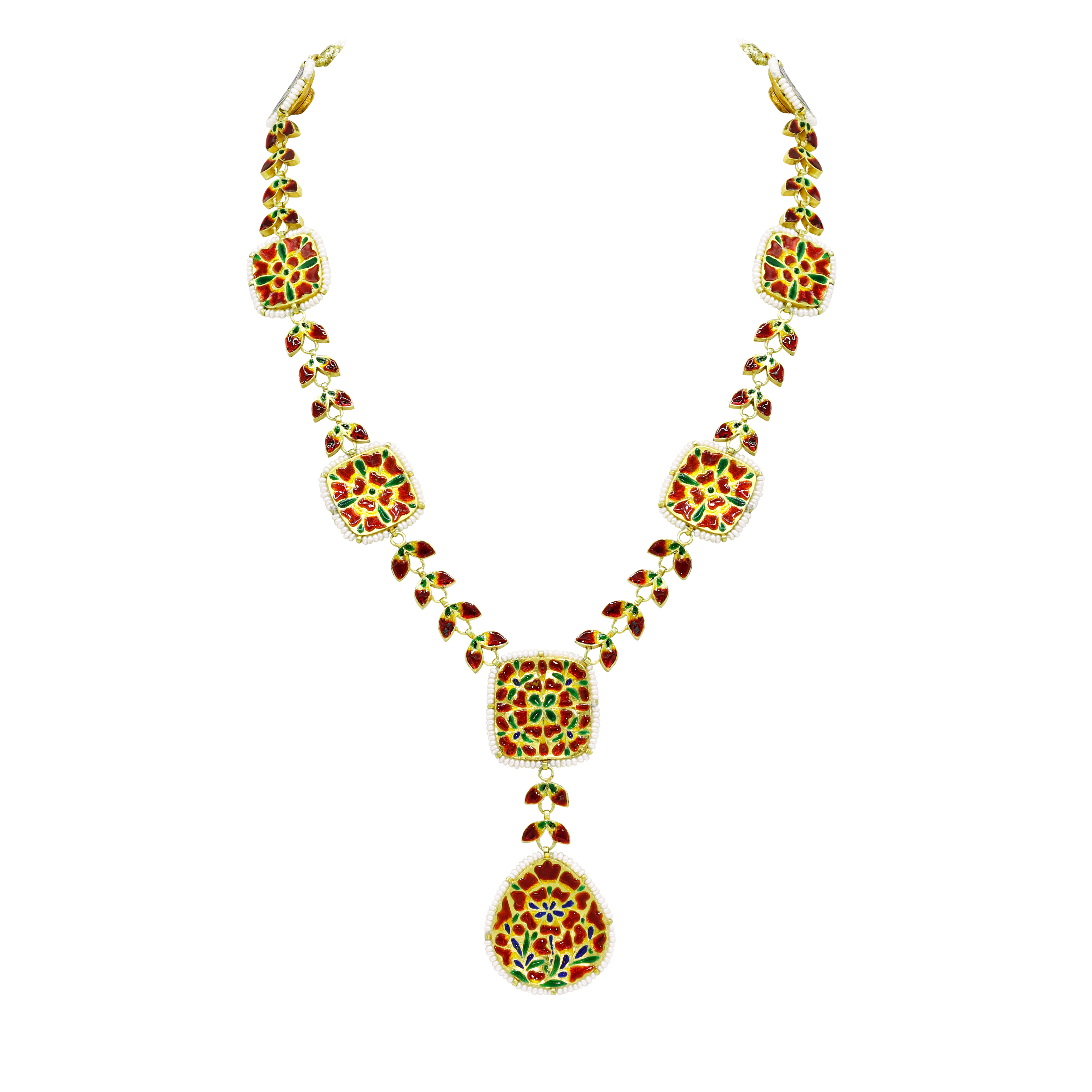 Polki Square Necklace Set with Polki Leaves and Pear Drop